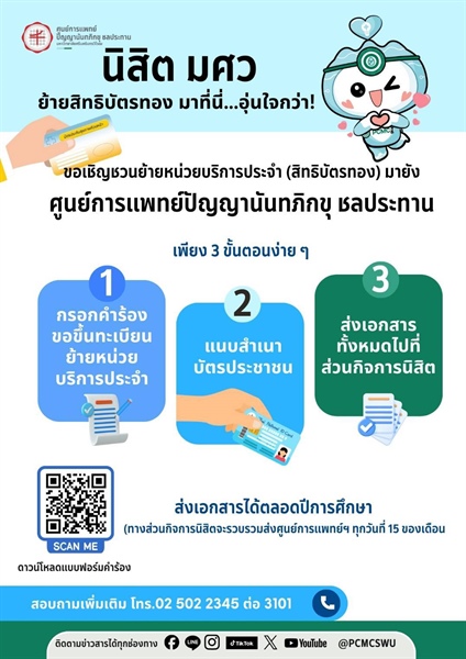 📢 ขอเชิญชวนบุคลากร มศว ย้ายหน่วยบริการสิทธิประกันสังคมกับศูนย์การแพทย์ปัญญาน้นทภิกขุ ชลประทาน โดยสามารถส่งเอกสารภายในวันที่ 31 มกราคม 2569